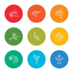 outline stroke juggler man, trapeze artist man, hoop man, strongman aerialist aerialist aerialist knife throwing ringmaster vector line icons set on rounded colorful shapes