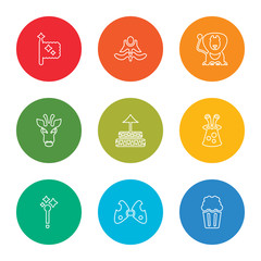 outline stroke popcorn, big bow, magic wand, rabbit in the hat, circus ring, giraffe, circus lion, circus dress, flag, vector line icons set on rounded colorful shapes