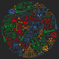 Halloween themed doodle set. Traditional and popular symbols - carved pumpkin, party costumes, witches, ghosts, monsters, vampires, skeletons, skulls, candles, bats. Isolated over black background.