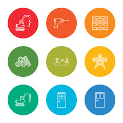 outline stroke door, garage, loader, electric tower, tools, wood, brick wall, drill, crane, vector line icons set on rounded colorful shapes