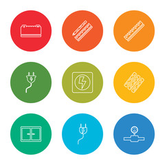 outline stroke gas pipe, plug, window, board, electricity, plug, ruler, drawing, battery, vector line icons set on rounded colorful shapes