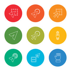outline stroke hold, arrow, click, scroll, click, cursor, select, click, select, vector line icons set on rounded colorful shapes