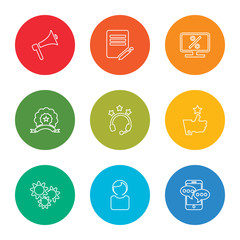 outline stroke chat, user, settings, like, headphones, ribbon, rate, list, megaphone, vector line icons set on rounded colorful shapes
