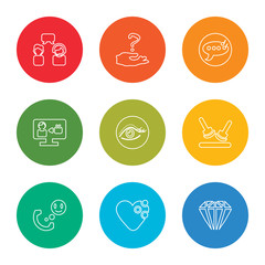 outline stroke diamond, heart, calling, stamp, eye, video call, chat, question, customer service, vector line icons set on rounded colorful shapes