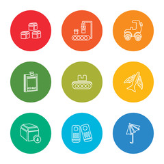 outline stroke umbrella, tag, package, airplane, conveyor, clipboard, motorbike, conveyor, package, vector line icons set on rounded colorful shapes