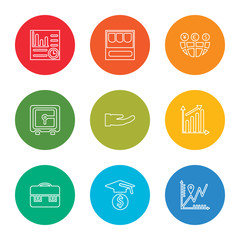 outline stroke profits, education, briefcase, growth, healthcare, safebox, worldwide, market, profits, vector line icons set on rounded colorful shapes