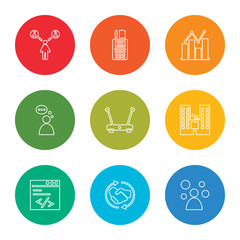 Fototapeta premium outline stroke social media, deal, coding, buildings, wireless, thinking, analytics, payment method, network, vector line icons set on rounded colorful shapes