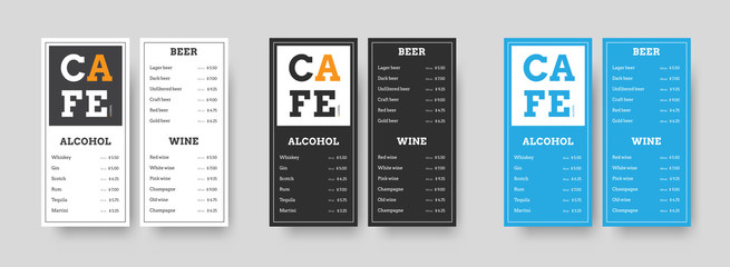 Design white, black and blue vector menu format DL for cafes and restaurants.