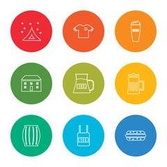 outline stroke hot dog,  , barrel, beer mug, beer, house, pint of beer, dress, tent, vector line icons set on rounded colorful shapes