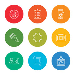 outline stroke canvas, crop, font, photo camera, circle, paint brush, paint brush, clipboard, cmyk, vector line icons set on rounded colorful shapes