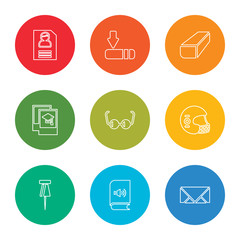 outline stroke closed envelope, audio book, pushpin, football helmet, glasses, graduation pictures, eraser, window scrolling left, application form, vector line icons set on rounded colorful shapes