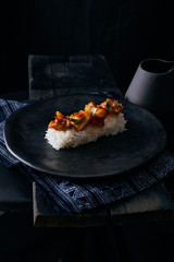 Stir fried chilli fish with rice.