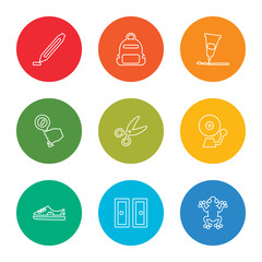 Fototapeta premium outline stroke frog, lockers, shoe, school bell, scissors, magnifying glass, glue, backpack, highlighter, vector line icons set on rounded colorful shapes