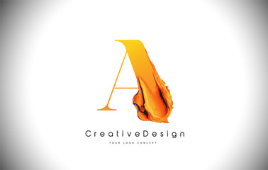 A Orange Letter Design Brush Paint Stroke. Gold Yellow a Letter Logo Icon with Artistic Paintbrush