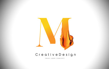 M Orange Letter Design Brush Paint Stroke. Gold Yellow m Letter Logo Icon with Artistic Paintbrush