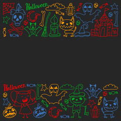 Halloween themed doodle set. Traditional and popular symbols - carved pumpkin, party costumes, witches, ghosts, monsters, vampires, skeletons, skulls, candles, bats. Isolated over black background.