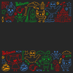 Halloween themed doodle set. Traditional and popular symbols - carved pumpkin, party costumes, witches, ghosts, monsters, vampires, skeletons, skulls, candles, bats. Isolated over black background.