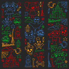 Halloween themed doodle set. Traditional and popular symbols - carved pumpkin, party costumes, witches, ghosts, monsters, vampires, skeletons, skulls, candles, bats. Isolated over black background.