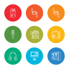 outline stroke speakers, monitor, headphones, television, copy machine, charger, ethernet, hdmi, game console, vector line icons set on rounded colorful shapes