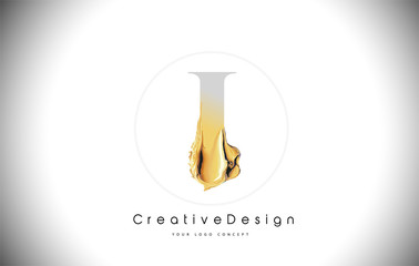 I Golden Letter Design Brush Paint Stroke. Gold Yellow i Letter Logo Icon with Artistic Paintbrush