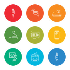 outline stroke jack, copy machine, plug, smartphone, video card, joystick, game console, earphones, usb, vector line icons set on rounded colorful shapes