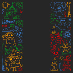 Fototapeta na wymiar Halloween themed doodle set. Traditional and popular symbols - carved pumpkin, party costumes, witches, ghosts, monsters, vampires, skeletons, skulls, candles, bats. Isolated over black background.