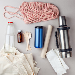 Set for free plastic shopping and packaging - cotton bags and glass gar, paper, steelness bottle. Zero waste modern trendy concept, eco-friendly