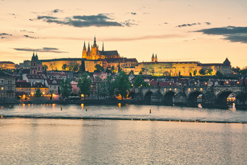 Fototapeta na wymiar View to Prague castle across Vltava river, beautiful evening panorama