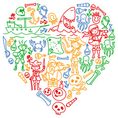 Vector set of pirates children's drawings icons in doodle style. Painted, colorful, pictures on a piece of paper on white background.