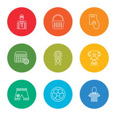 outline stroke referee, soccer ball, football shorts, trophy, badge, calendar, card, shopping basket, coach, vector line icons set on rounded colorful shapes