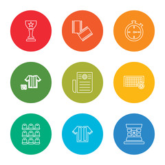 outline stroke hat, soccer jersey, seats, goal, newspaper, match, stopwatch, cards, cup, vector line icons set on rounded colorful shapes