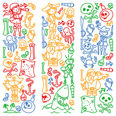 Vector set of pirates children's drawings icons in doodle style. Painted, colorful, pictures on a piece of paper on white background.