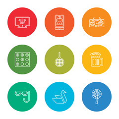 outline stroke archery, origami, diving mask, beer, disco ball, sudoku, dj, game, tv, vector line icons set on rounded colorful shapes
