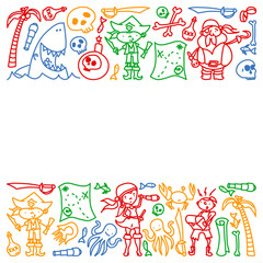 Vector set of pirates children's drawings icons in doodle style. Painted, colorful, pictures on a piece of paper on white background.