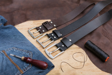 Three hand made leather belt. DIY. Leather thread belt