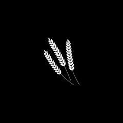 vector illustration of wheat, rye or barley ears whole grain, white silhouette symbol icon isolated on black background.