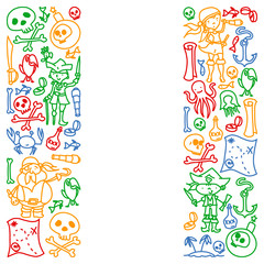 Vector set of pirates children's drawings icons in doodle style. Painted, colorful, pictures on a piece of paper on white background.
