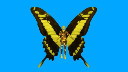 Fairy with wings . 3d  render . Butterfly wing patterns :Papilio thoas, king swallowtail , yellow , black colors