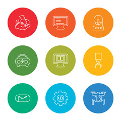 Fototapeta premium outline stroke drone, coding, cityscape, mechanical arm, online learning, electric car, incubator, coding, planet earth, vector line icons set on rounded colorful shapes