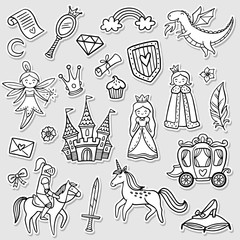 Set of a fashion fairy tale and magic objects isolated on white background. Doodle Vector Illustration. Good for stickers, badges, wallpaper, coloring page, indie game or greeting card.