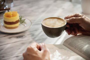 People serve beautiful fresh relax morning coffee cup set - people with coffee set background concept