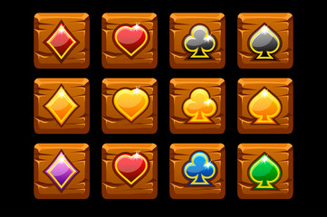Vector symbols playing cards on wooden square. Cartoon icons for Game casino, slot, UI