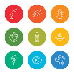outline stroke whisk, kiwi, floss, dough, hot sauce, pitaya, tomato, sausage, beer, vector line icons set on rounded colorful shapes