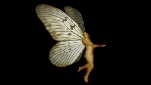 Fairy with wings . Ricepaper Idea blanchardi butterfly wing pattern.   3d  render . Full body glow