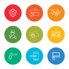 outline stroke laptop, smartphone, key, website, cloud, person, letter, portfolio, shield, vector line icons set on rounded colorful shapes