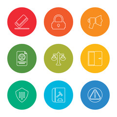 outline stroke alert, code of conduct, protection, right to access, balance, complaint, communications, padlock, eraser, vector line icons set on rounded colorful shapes
