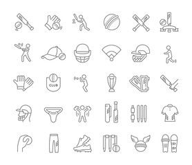 Naklejka premium Set Vector Line Icons of Cricket.