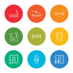 outline stroke jumping rope, watch, chest expander, smartphone, dumbbells, stationary bike, dumbbell, sneakers, treadmill, vector line icons set on rounded colorful shapes