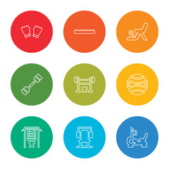 Fototapeta premium outline stroke stationary bike, machine, machine, ball, dumbbell, dumbbell, machine, measuring tape, gym gloves, vector line icons set on rounded colorful shapes