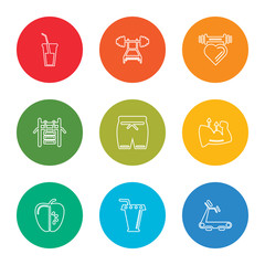 outline stroke treadmill, juice, apple, muscle, shorts, gym, dumbbell, weightlifting, orange juice, vector line icons set on rounded colorful shapes